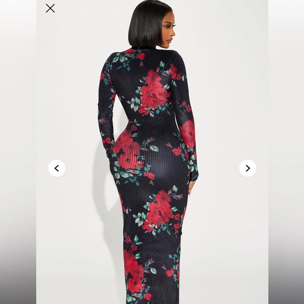 Fashion Nova Floral Long Sleeve Dress - Black and Red - Picture 3 of 3